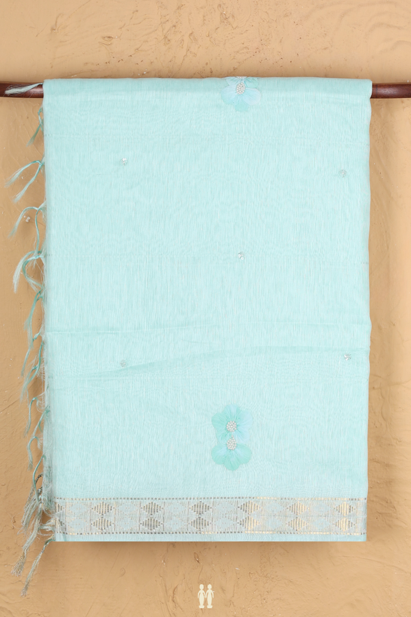 Linen Saree In Mint Blue With Floral Design