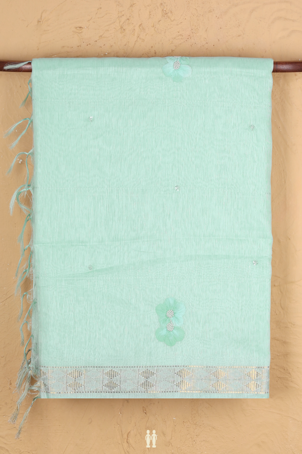 Linen Saree In Mint Blue With Floral Design
