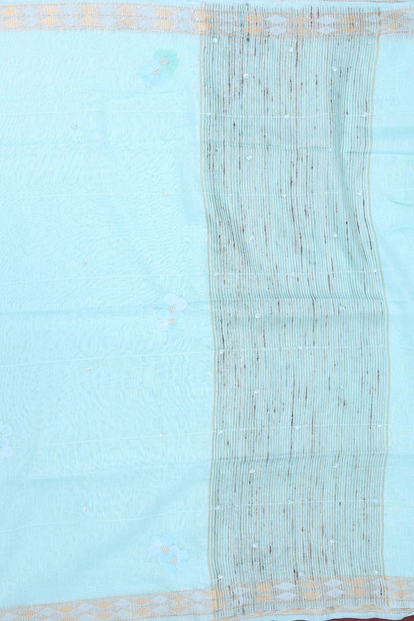 Linen Saree In Mint Blue With Floral Design