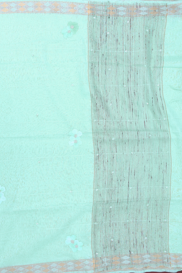 Linen Saree In Mint Blue With Floral Design