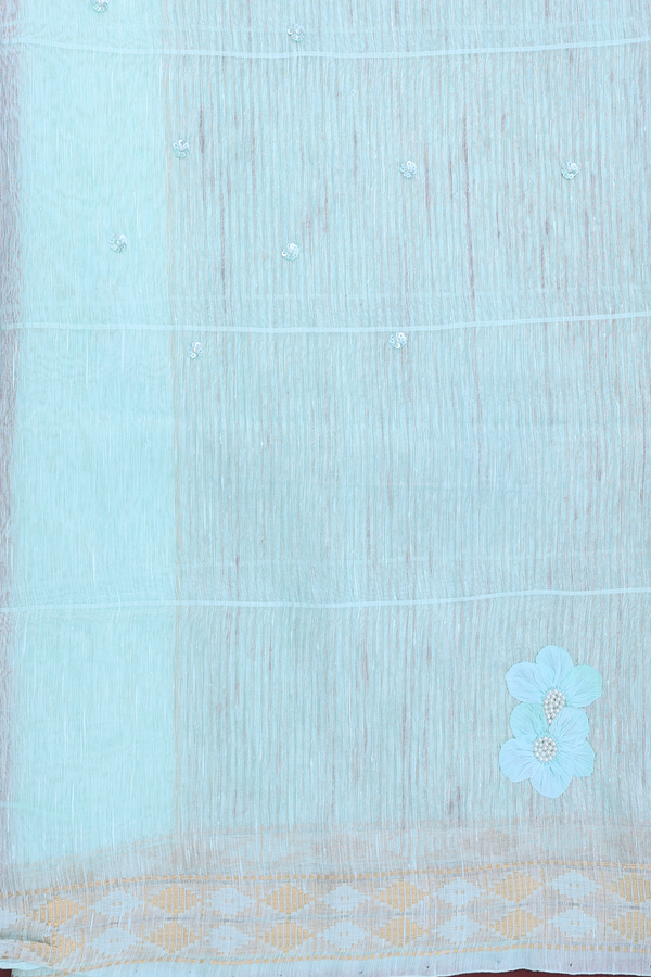 Linen Saree In Mint Blue With Floral Design