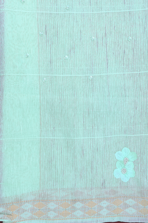 Linen Saree In Mint Blue With Floral Design