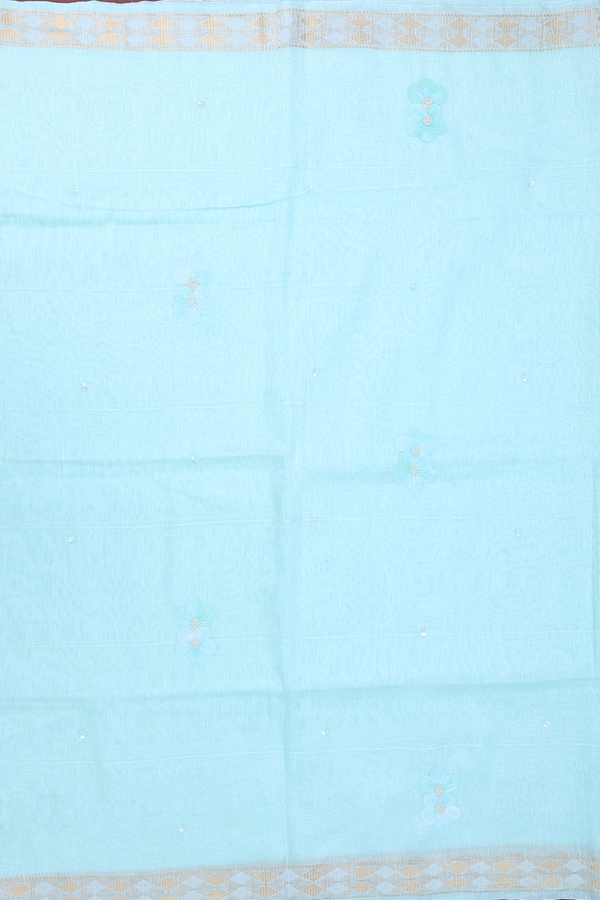 Linen Saree In Mint Blue With Floral Design