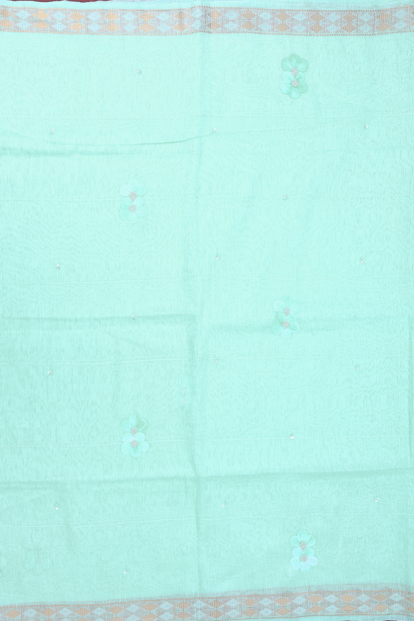 Linen Saree In Mint Blue With Floral Design