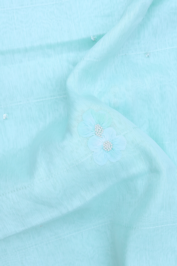 Linen Saree In Mint Blue With Floral Design