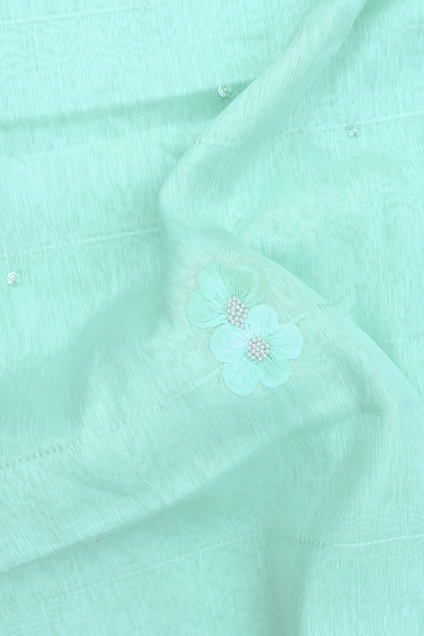 Linen Saree In Mint Blue With Floral Design