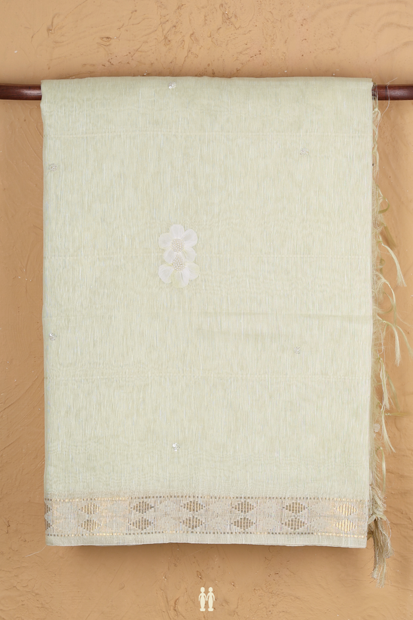Linen Saree In Pale Green With Floral Design