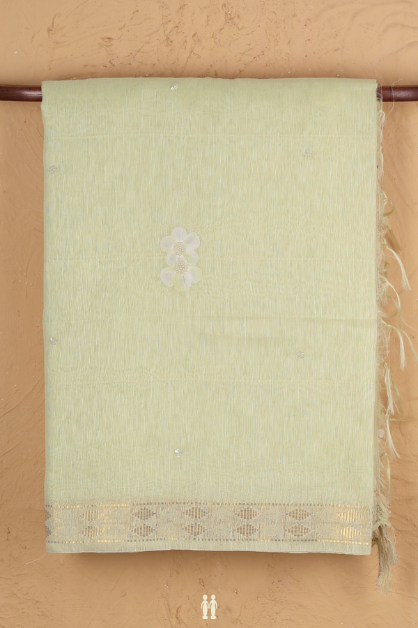 Linen Saree In Pale Green With Floral Design
