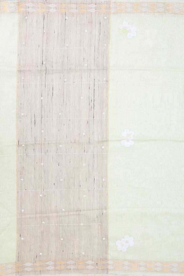 Linen Saree In Pale Green With Floral Design