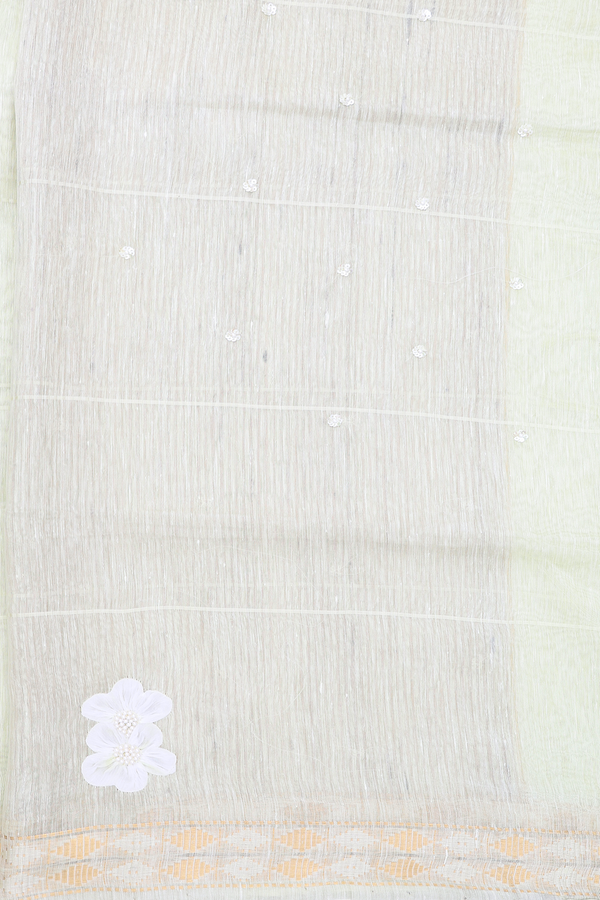 Linen Saree In Pale Green With Floral Design