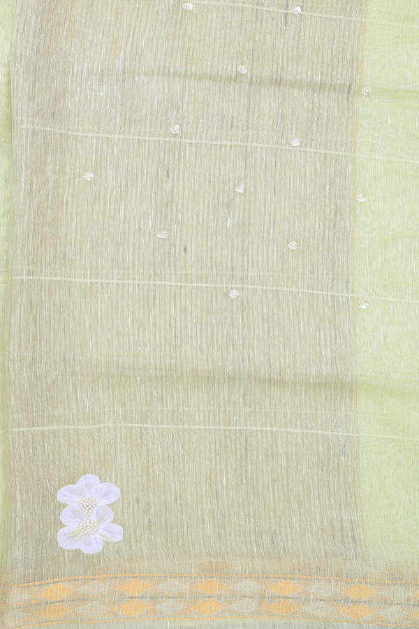 Linen Saree In Pale Green With Floral Design