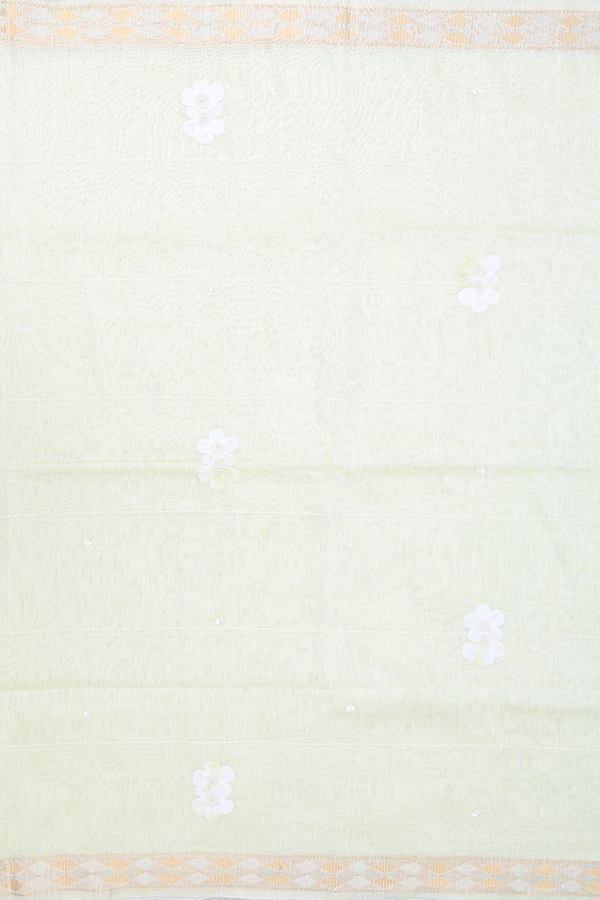 Linen Saree In Pale Green With Floral Design