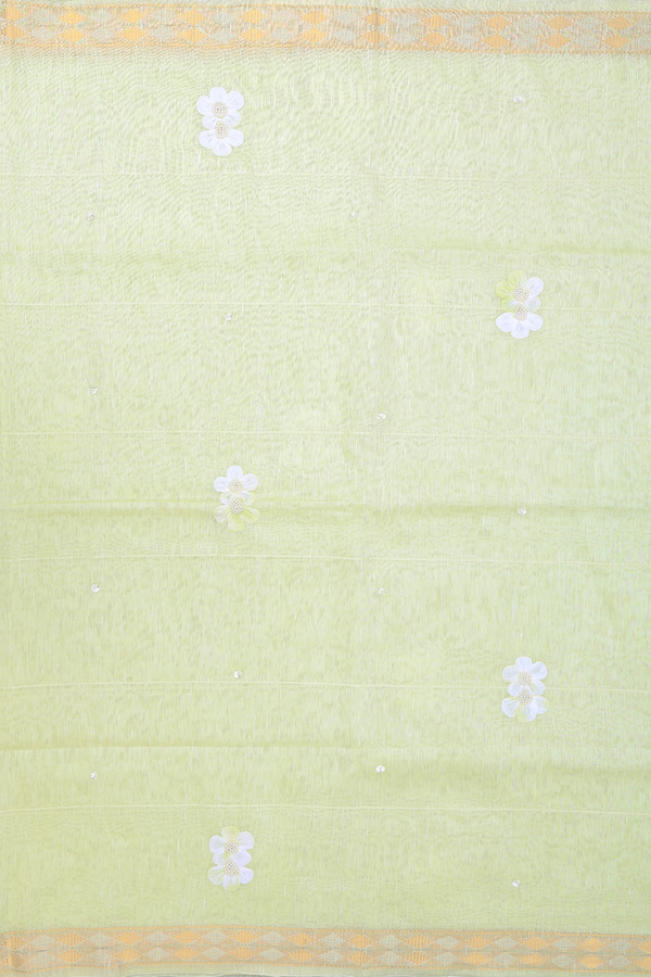 Linen Saree In Pale Green With Floral Design