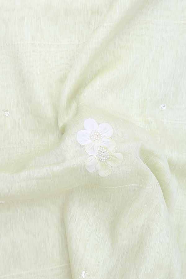 Linen Saree In Pale Green With Floral Design