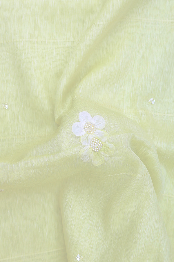 Linen Saree In Pale Green With Floral Design