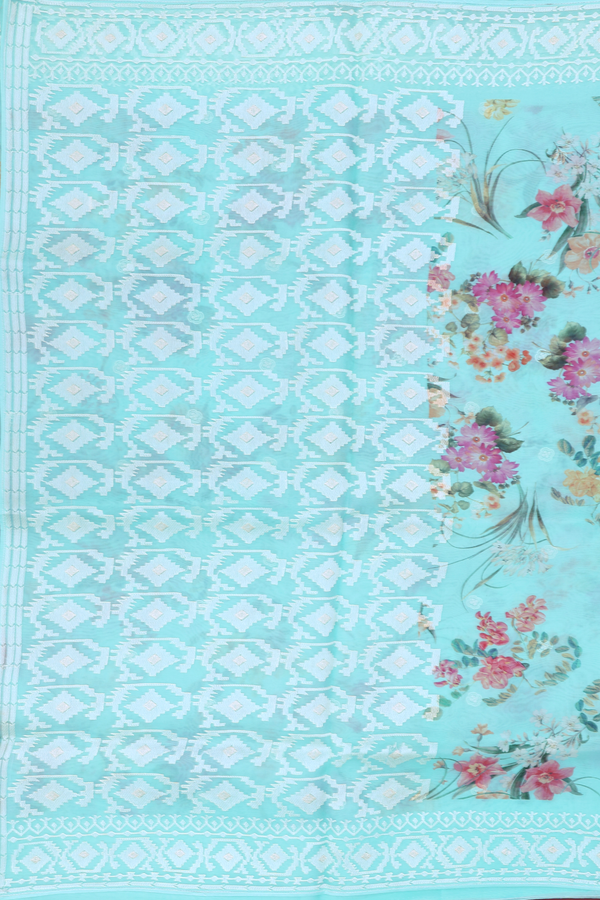 Organza Silk Saree In Light Blue With Floral Design