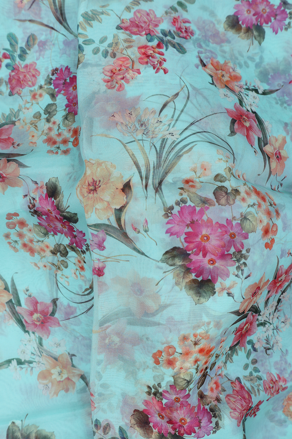 Organza Silk Saree In Light Blue With Floral Design