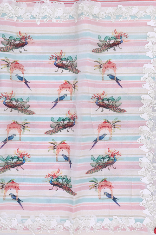 Organza Silk Saree In White With Birds Design