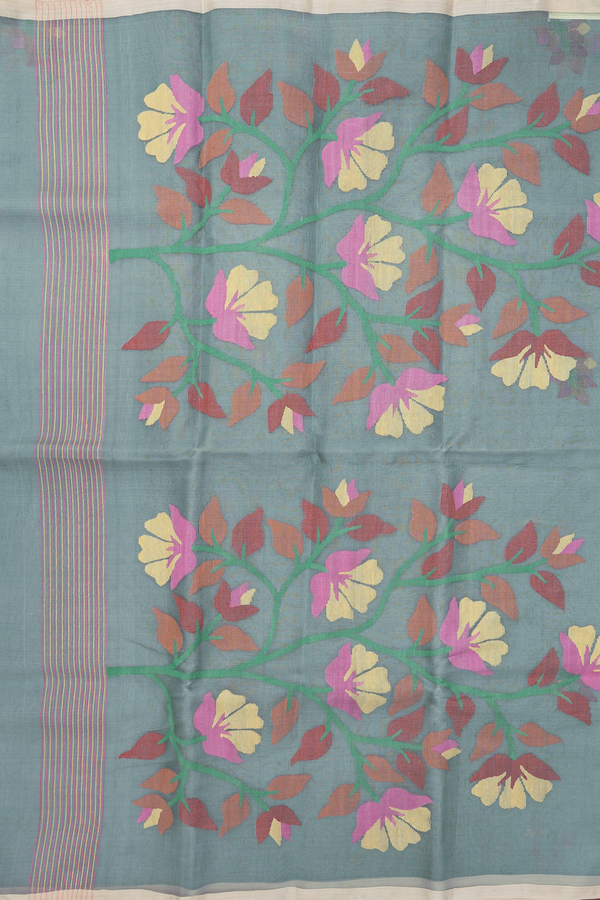 Muslin Bengal Cotton Saree In Sage Green With Floral Design
