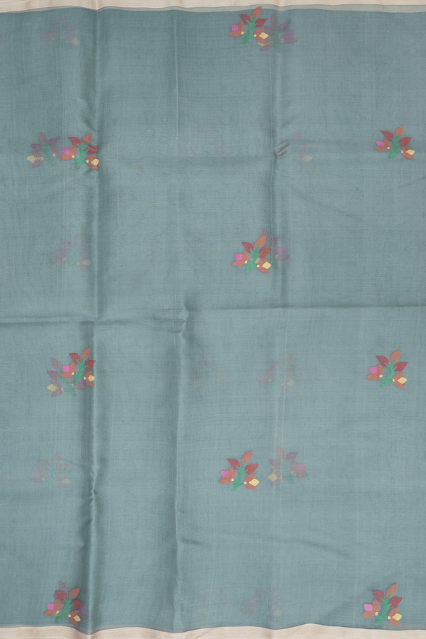 Muslin Bengal Cotton Saree In Sage Green With Floral Design