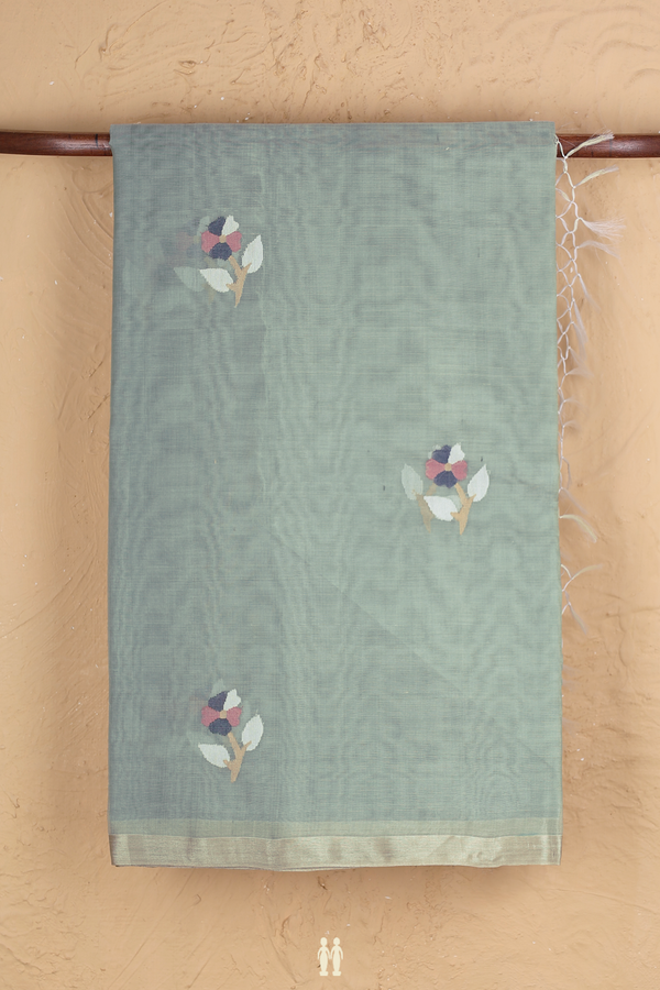 Muslin Bengal Cotton Saree In Dusty Green With Floral Buttas