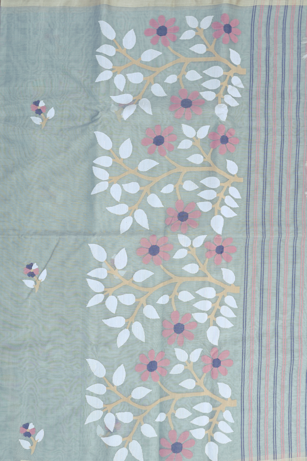 Muslin Bengal Cotton Saree In Dusty Green With Floral Buttas