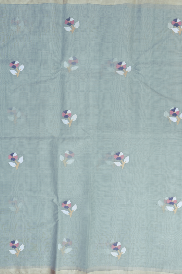 Muslin Bengal Cotton Saree In Dusty Green With Floral Buttas
