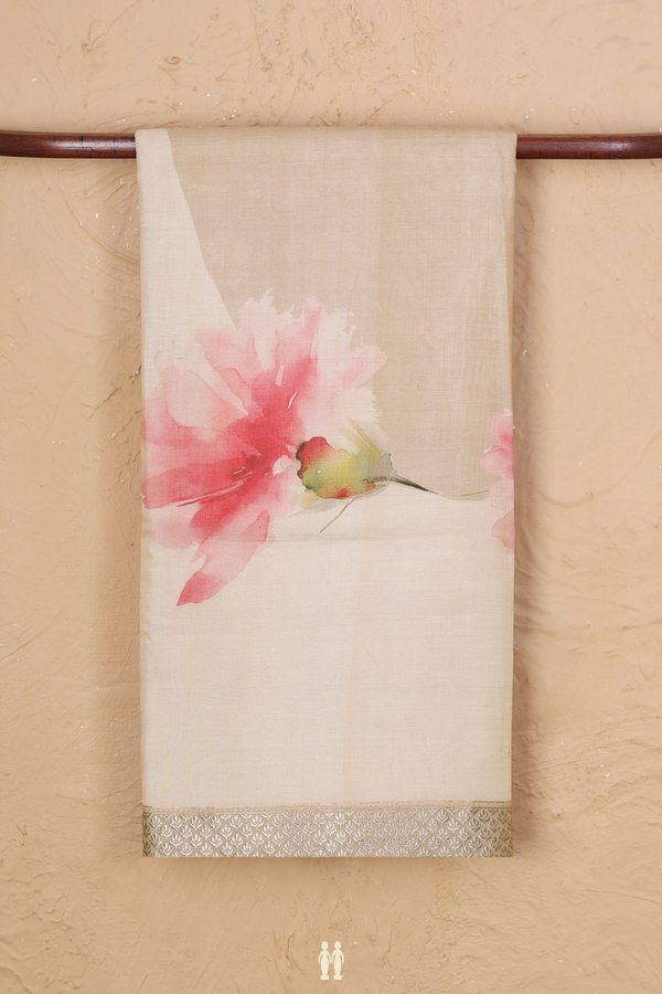 Tussar Silk Saree In Cream Color With Floral Design