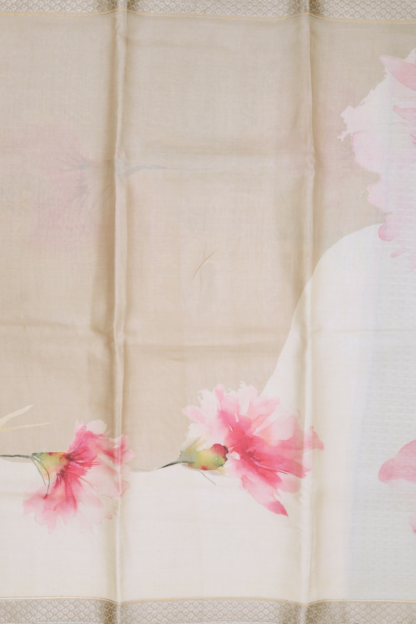 Tussar Silk Saree In Cream Color With Floral Design
