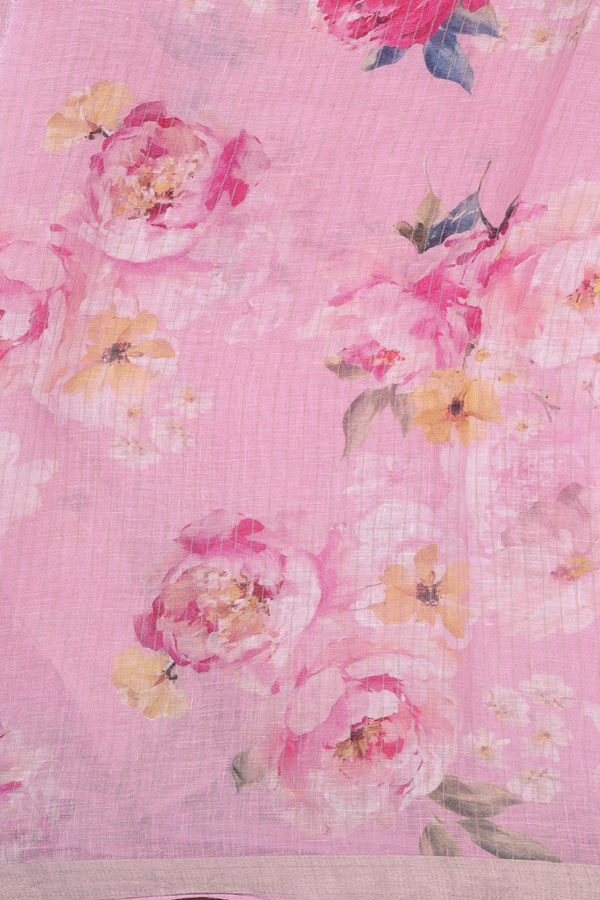 Linen Saree In Pink With Zari Border