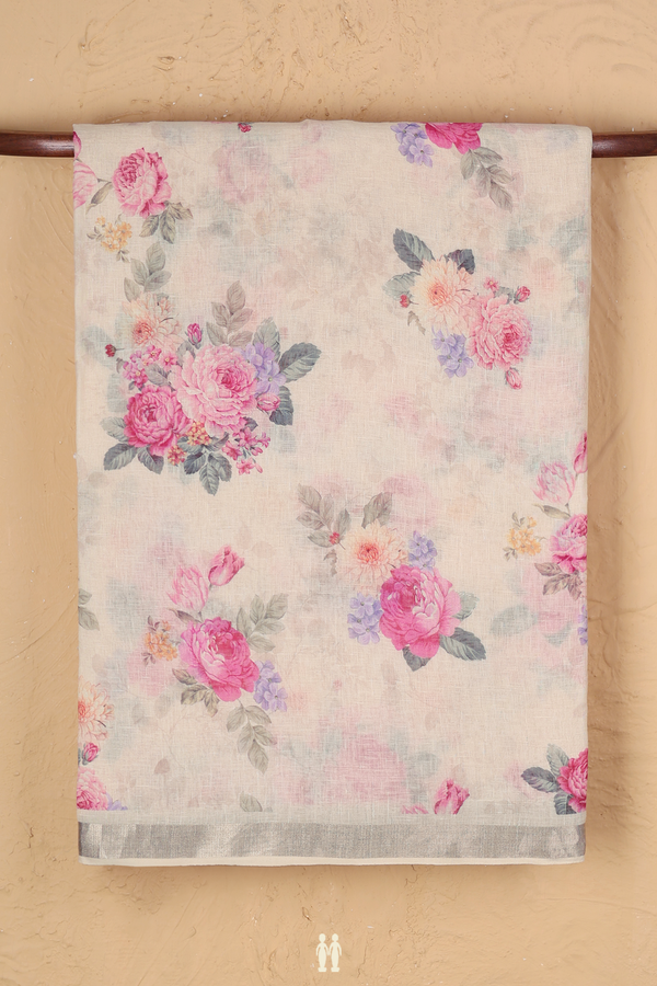Linen Saree In Cream Color With Floral Printed Design