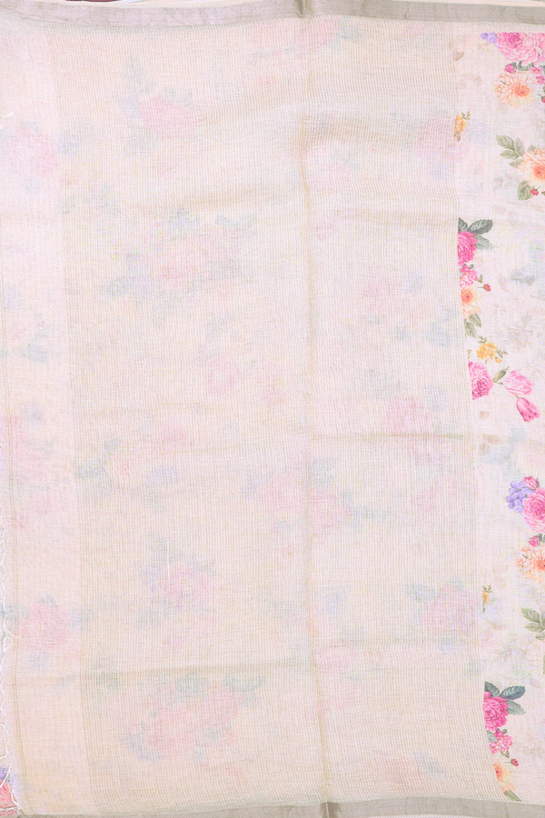 Linen Saree In Cream Color With Floral Printed Design