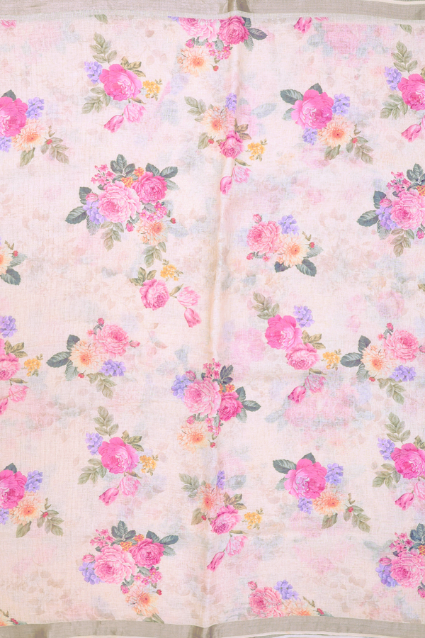 Linen Saree In Cream Color With Floral Printed Design