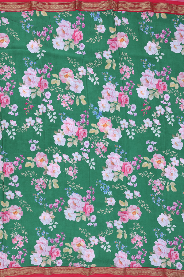 Crepe Saree In Forest Green With Floral Design