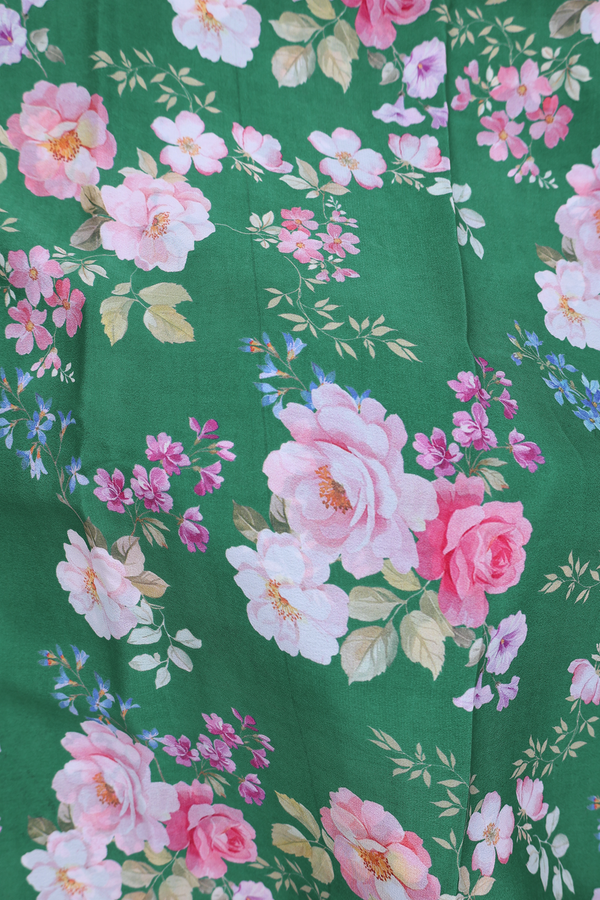 Crepe Saree In Forest Green With Floral Design
