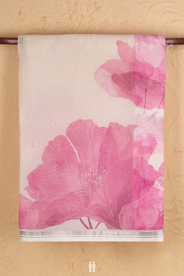 Organza Silk Saree In Cream Color With Floral Printed Design