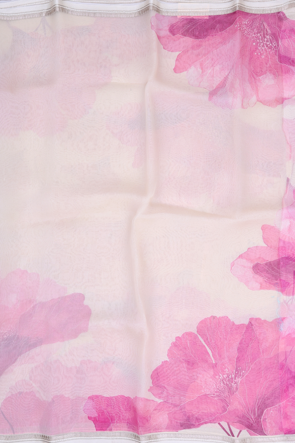 Organza Silk Saree In Cream Color With Floral Printed Design