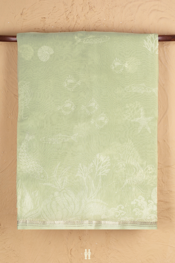 Organza Silk Saree In Dusty Green With Fish Design