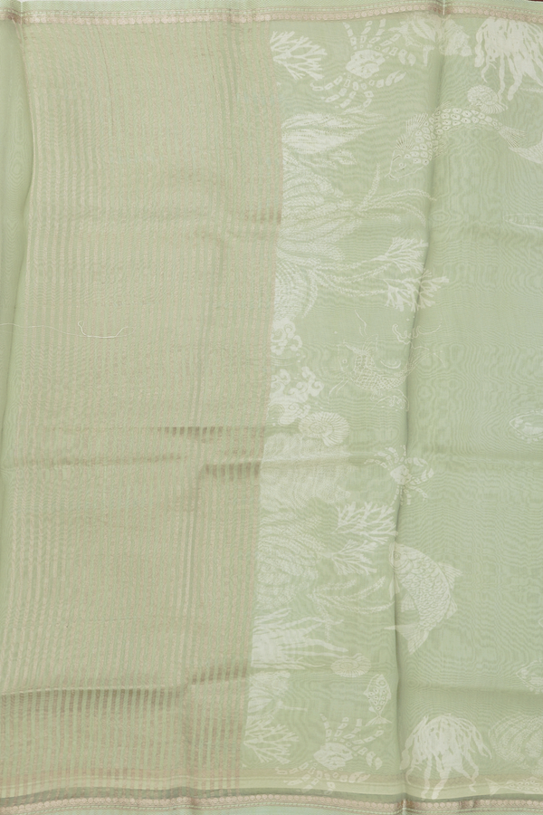 Organza Silk Saree In Dusty Green With Fish Design
