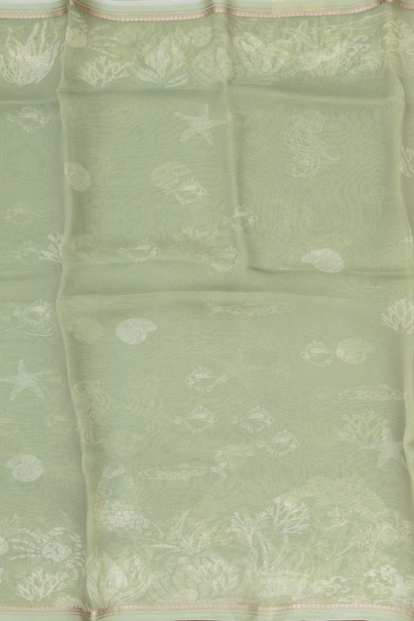Organza Silk Saree In Dusty Green With Fish Design