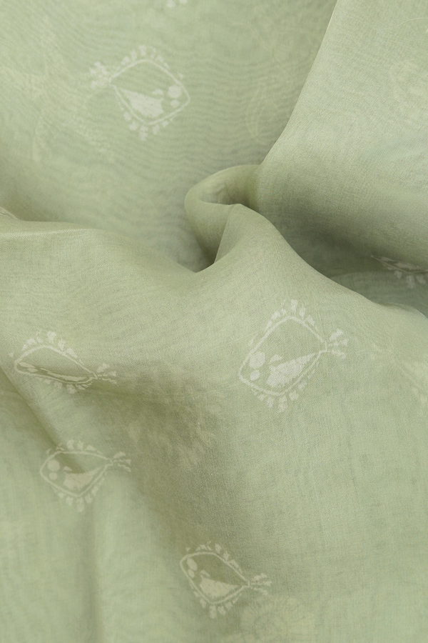 Organza Silk Saree In Dusty Green With Fish Design