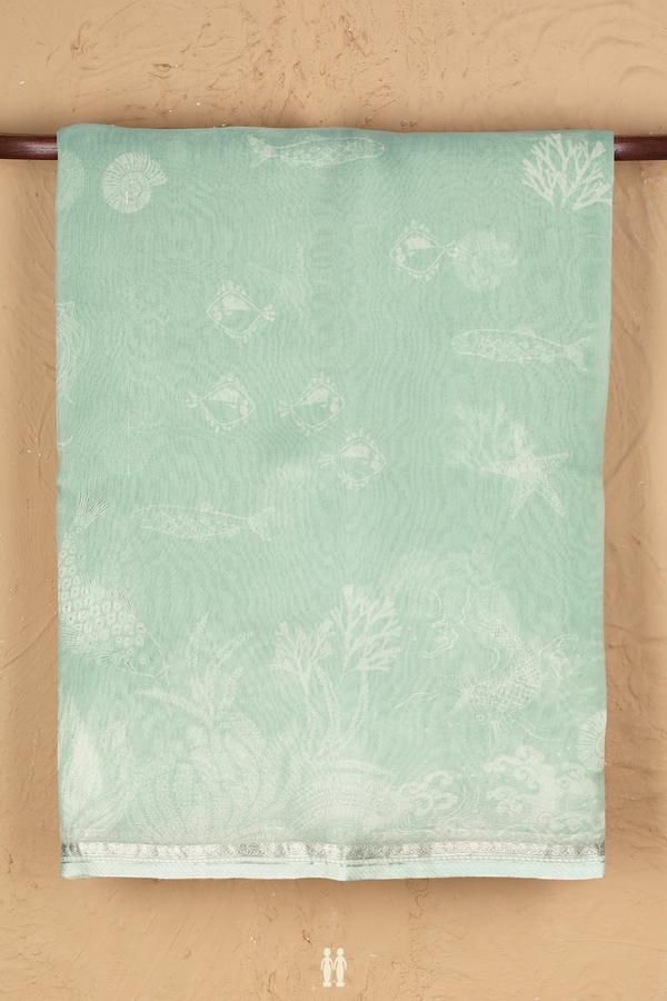 Organza Silk Saree In Turkish Blue With Fish Design