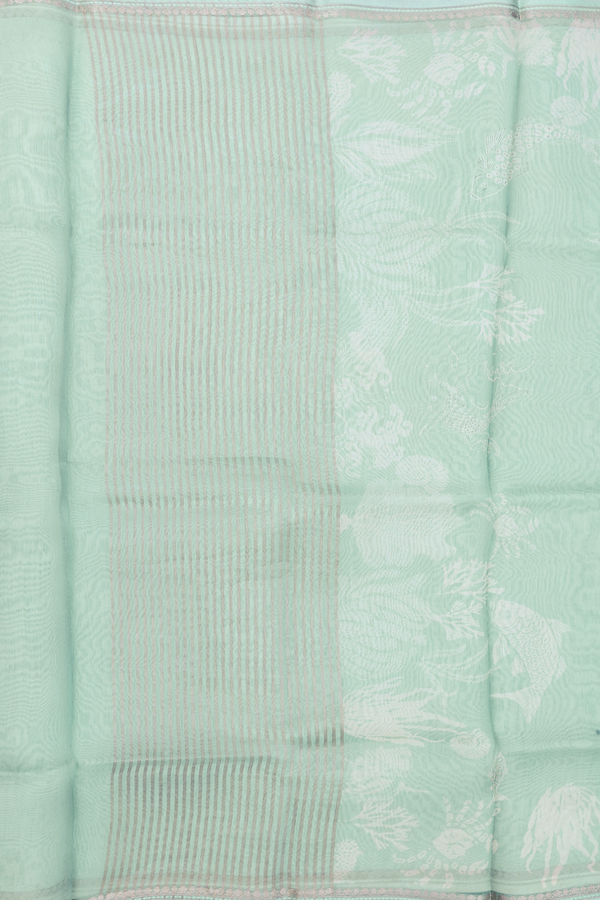 Organza Silk Saree In Turkish Blue With Fish Design