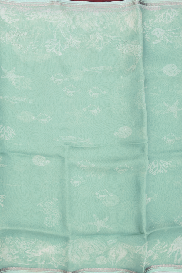 Organza Silk Saree In Turkish Blue With Fish Design