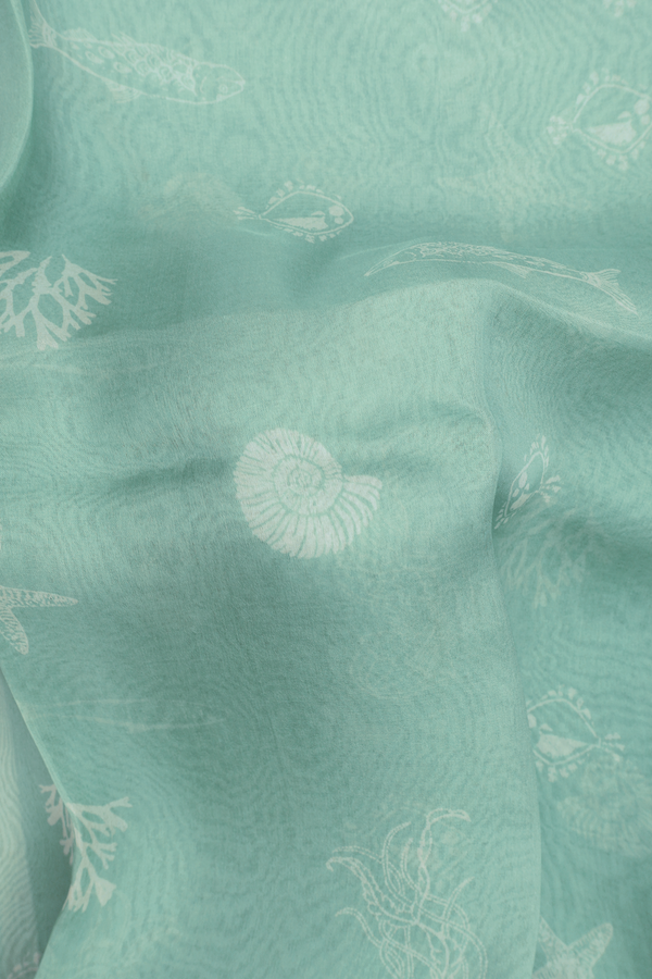 Organza Silk Saree In Turkish Blue With Fish Design