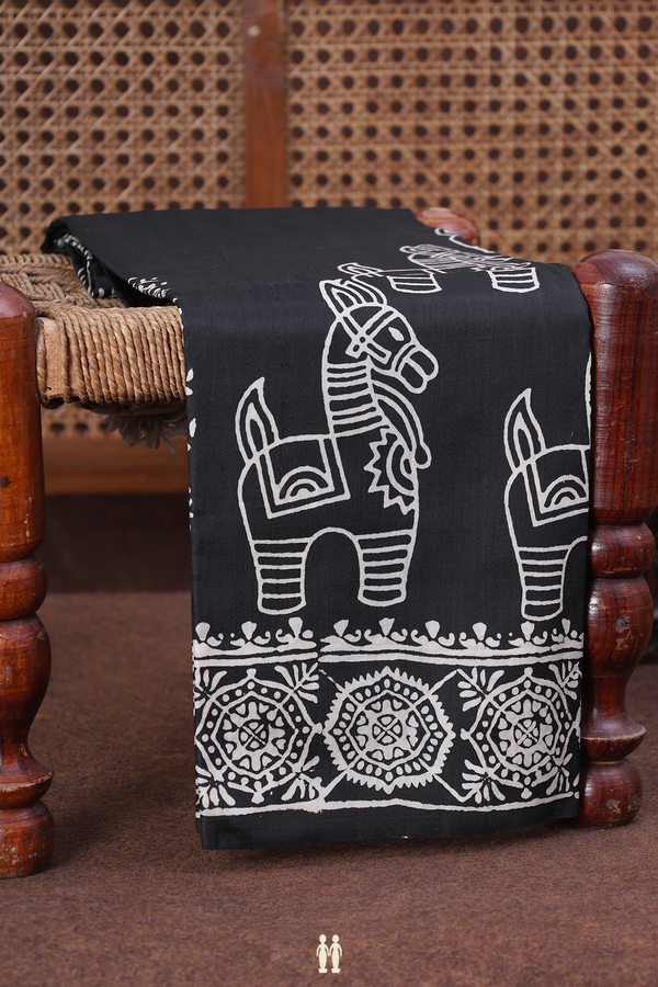 Printed Silk Saree In Black With Horse Design