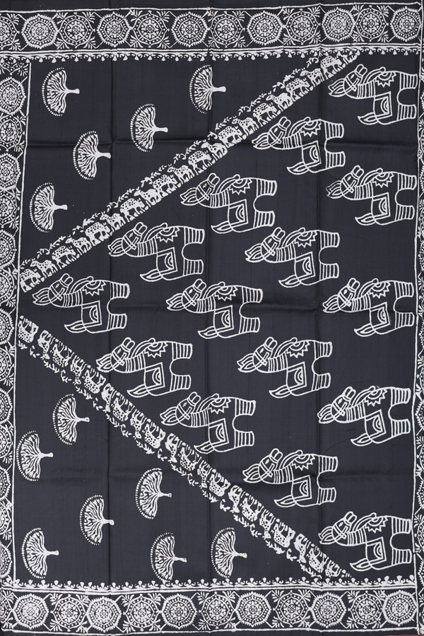 Printed Silk Saree In Black With Horse Design