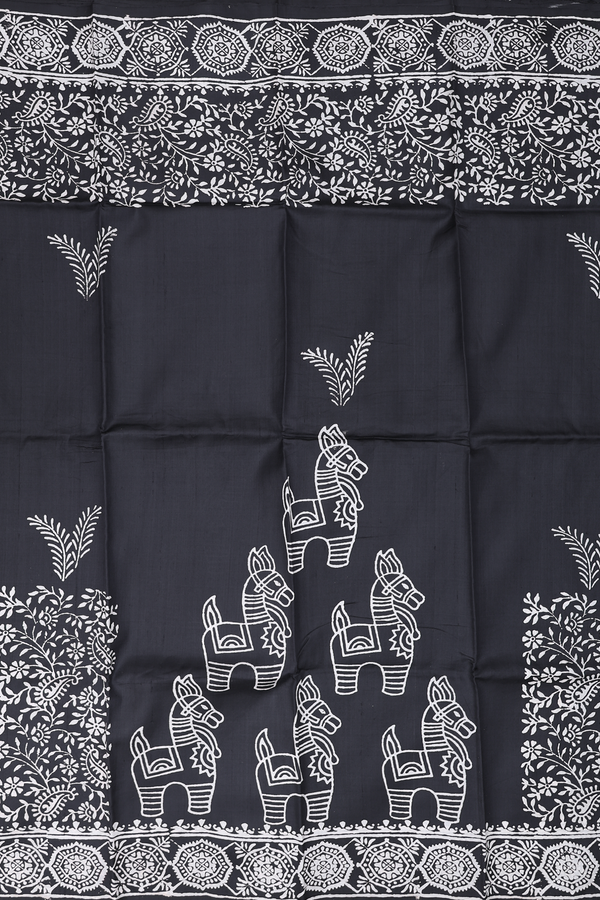 Printed Silk Saree In Black With Horse Design