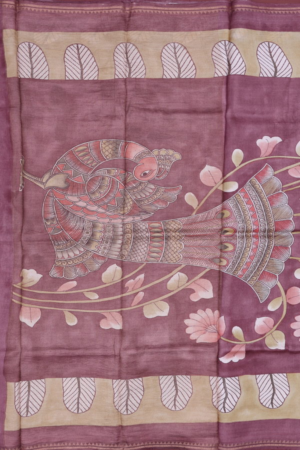 Tussar Silk Saree In Plum Brown With Floral Design