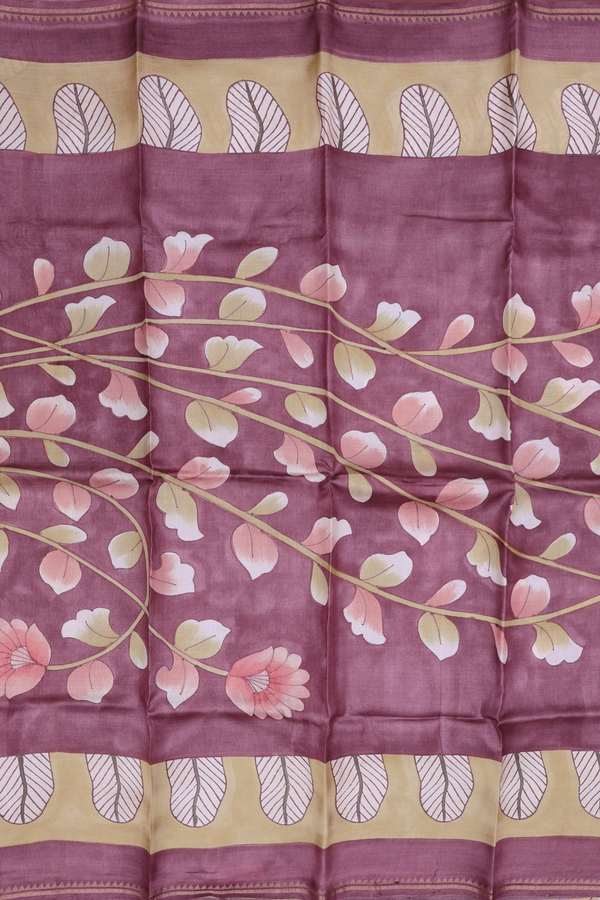 Tussar Silk Saree In Plum Brown With Floral Design